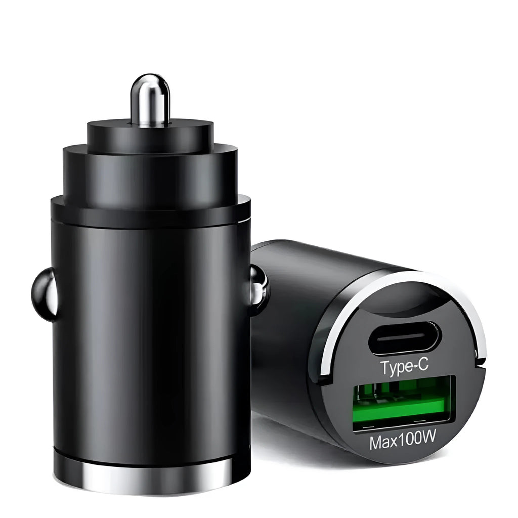 Black metal car charger with 100W super fast charging and USB interface