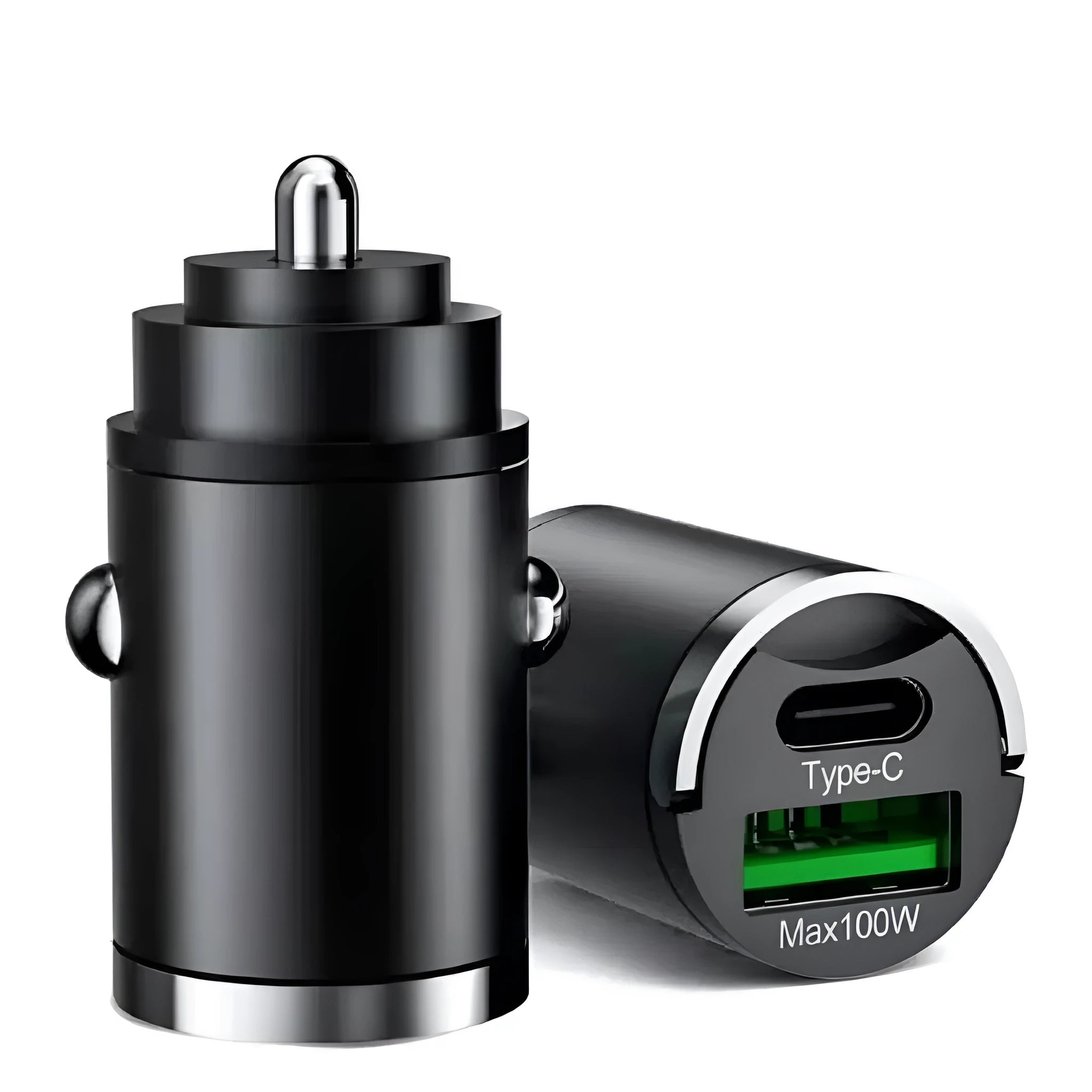 Black metal car charger with 100W super fast charging and USB interface