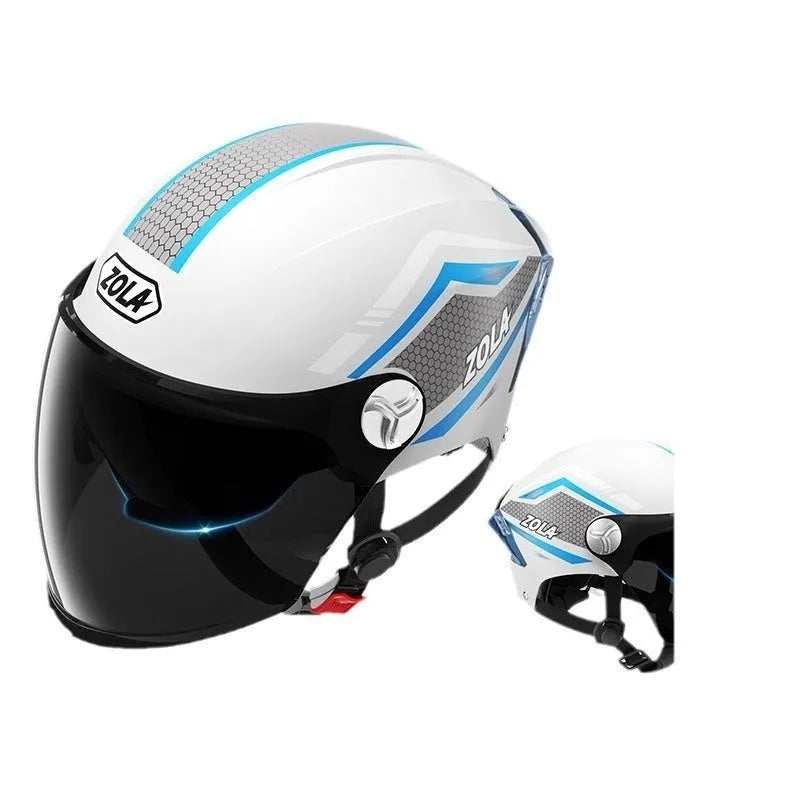 Child's lightweight ABS half helmet with a double mirror sun visor, shown in a light brown colour variant.