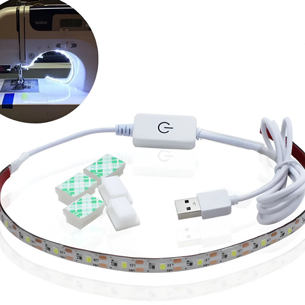 Photon Lighting flexible USB LED light strip bent into a curve showing its adhesive backing and touch control.