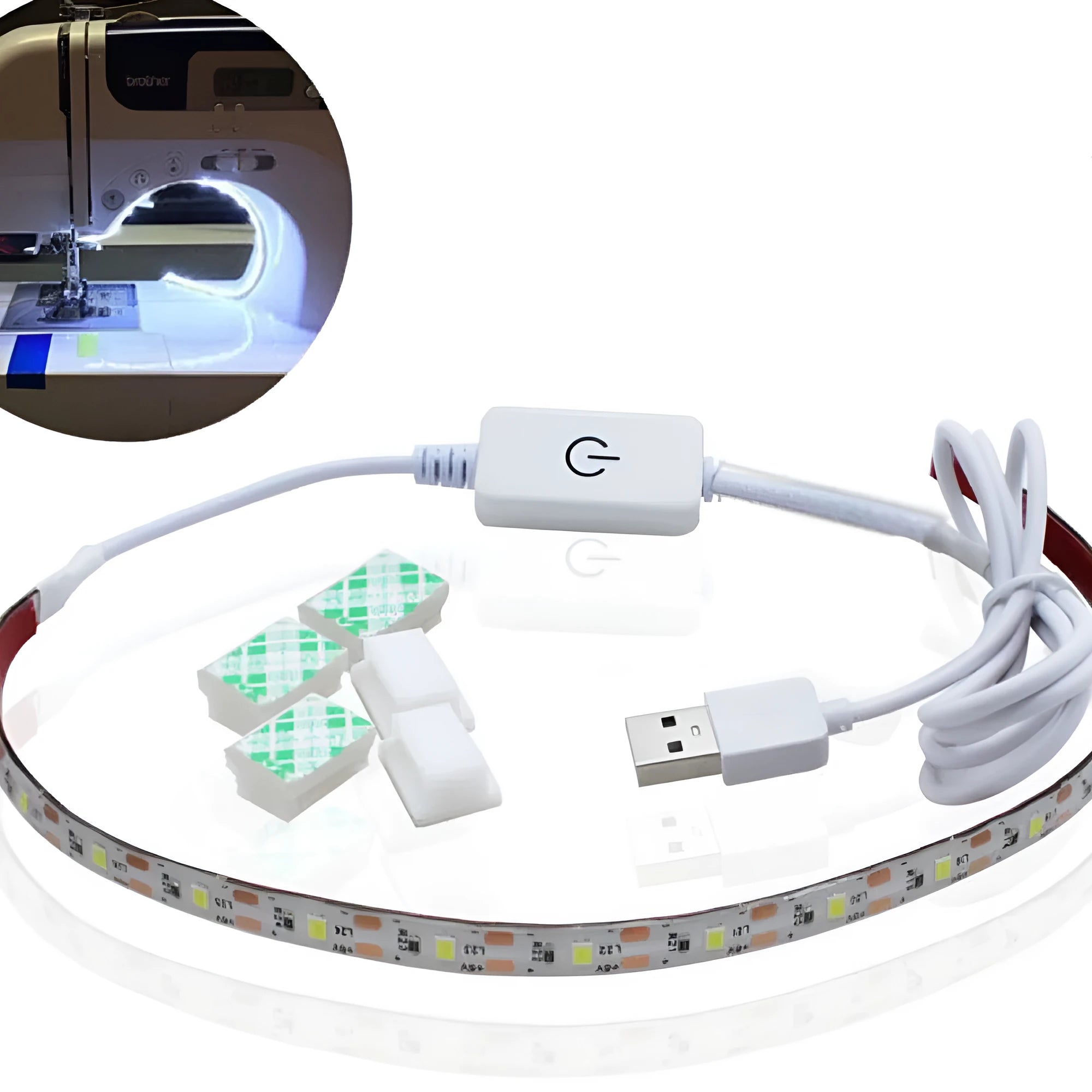 Photon Lighting flexible USB LED light strip bent into a curve showing its adhesive backing and touch control.
