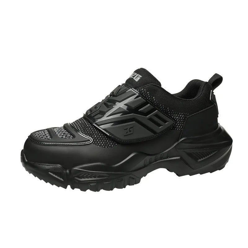 Black safety work shoes with steel toe cap and felt buckle closure on a white background
