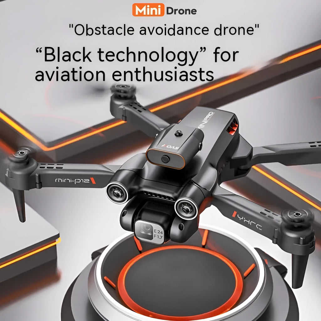 Black P12 foldable quadcopter drone with four propellers and a front-mounted HD camera on a grey surface