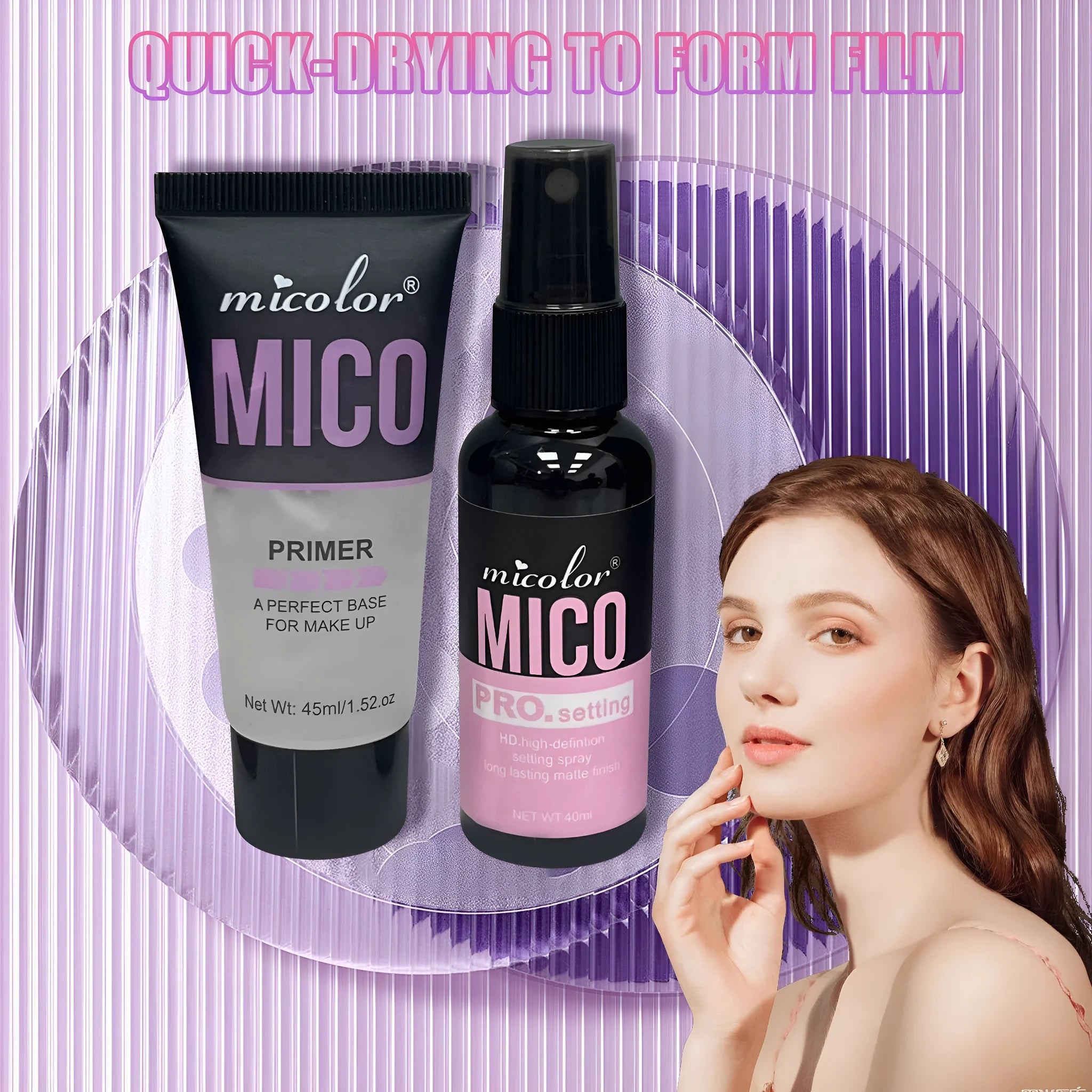 Two-in-one makeup primer and final sealer spray bottles showing 45ml and 40ml containers
