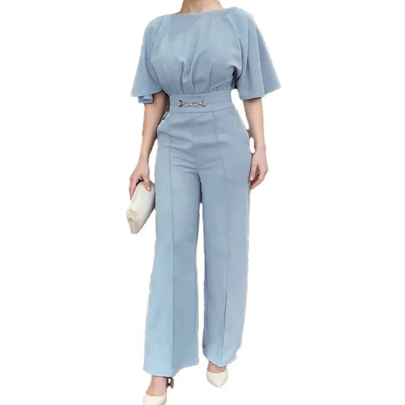 Blue men's polyester suit set with trousers and a long-sleeve top on a mannequin.
