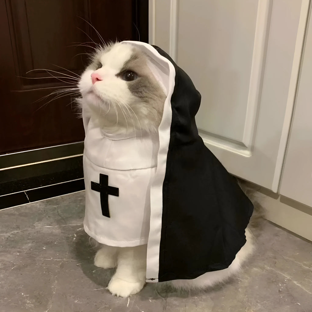 Black and white nun costume for small or medium dog with cloak design