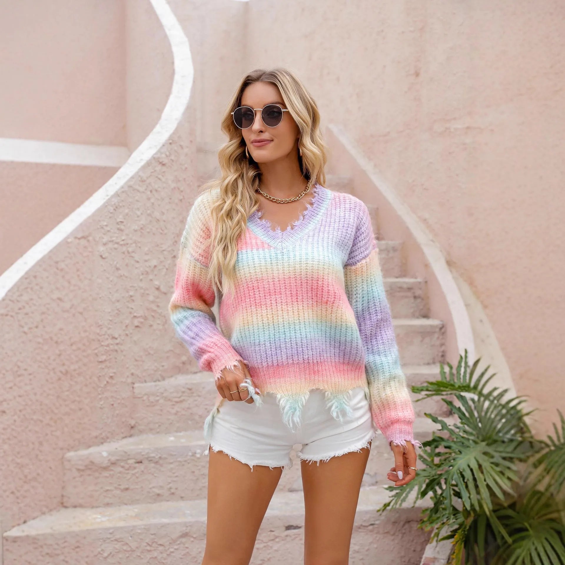 Pink rainbow gradient knitted pullover sweater with loose cut street fashion design