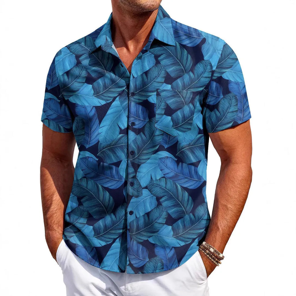 Men's slim-fit Hawaiian short-sleeve shirt in elastic polyester fabric on a hanger.