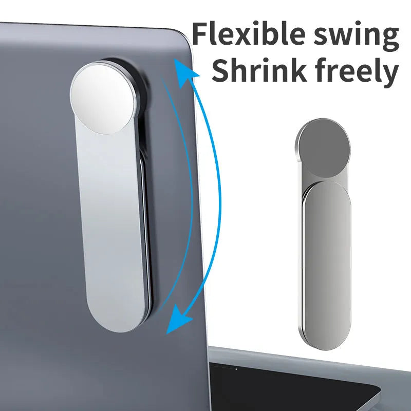 Silver aluminium alloy dual screen extension bracket with magnetic mobile phone holder on a desk.