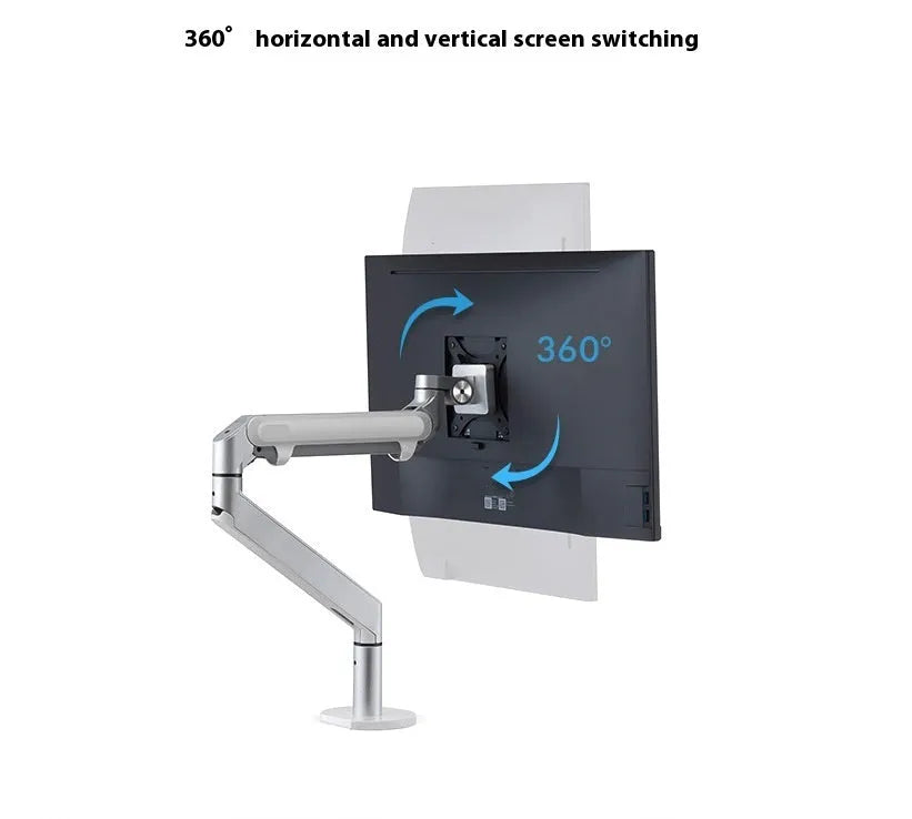 Silver aluminium alloy computer stand with hover bracket design supporting a laptop