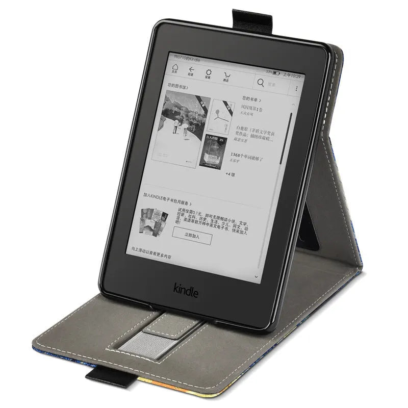 6-inch painted leather Kindle protective case in a bracket style, showing a Van Gogh starry sky print design.