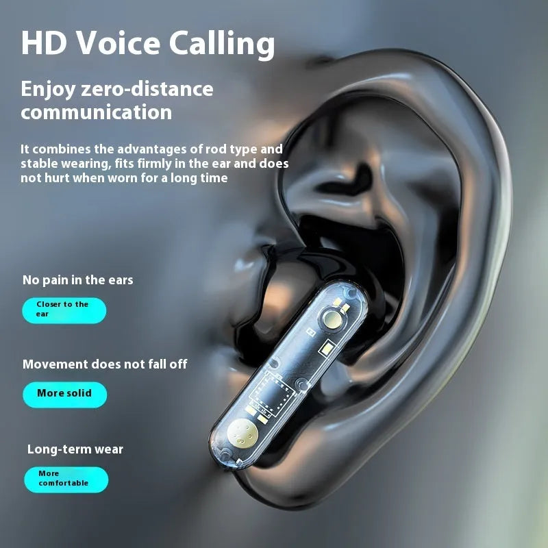 Translucent Bluetooth headset in clear ABS plastic with in-ear fit and charging case