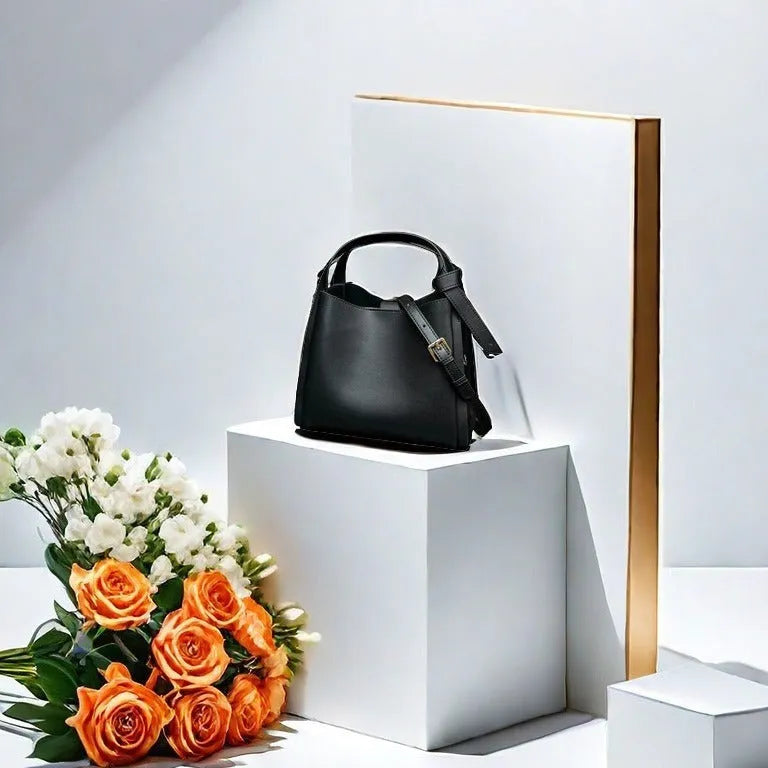 Women's soft cowhide crossbody bucket bag in tea brown colour with shoulder strap