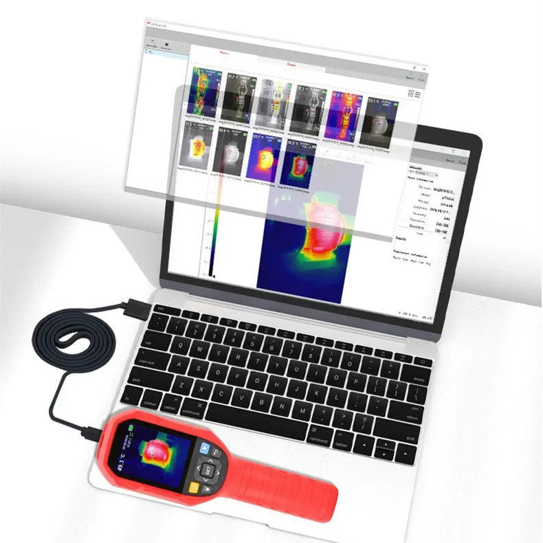 UTi series handheld infrared thermal imager with LCD screen showing a thermal image of an electrical panel.