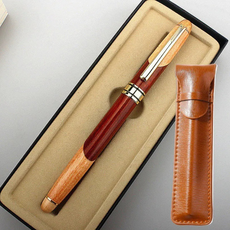 Wooden barrel fountain pen with brass metal components and included pen sleeve