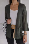 Women's waffle knit cardigan coat with nine-quarter sleeves in army green colour