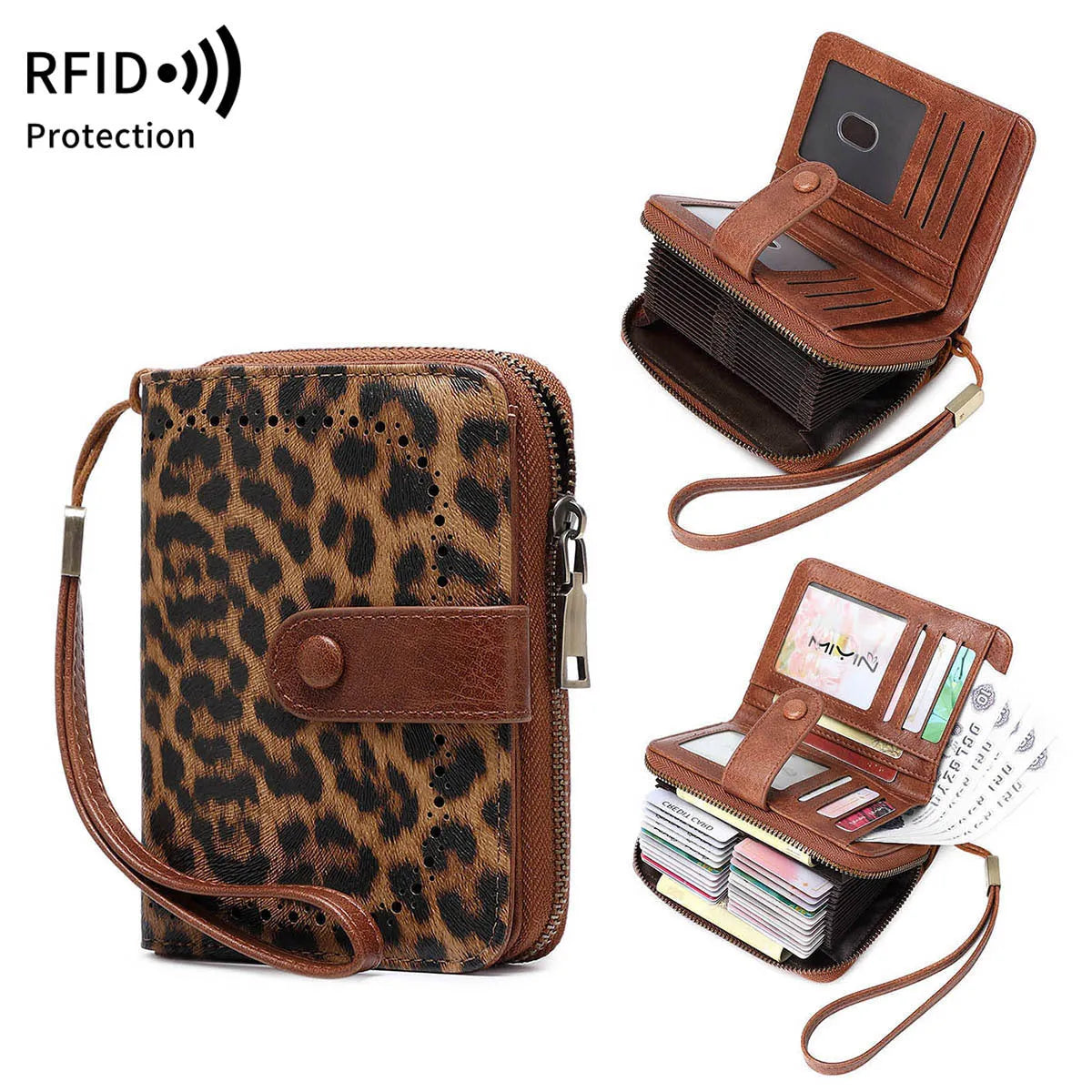 Leopard print small retro wallet with zipper closure and hollow stitching details