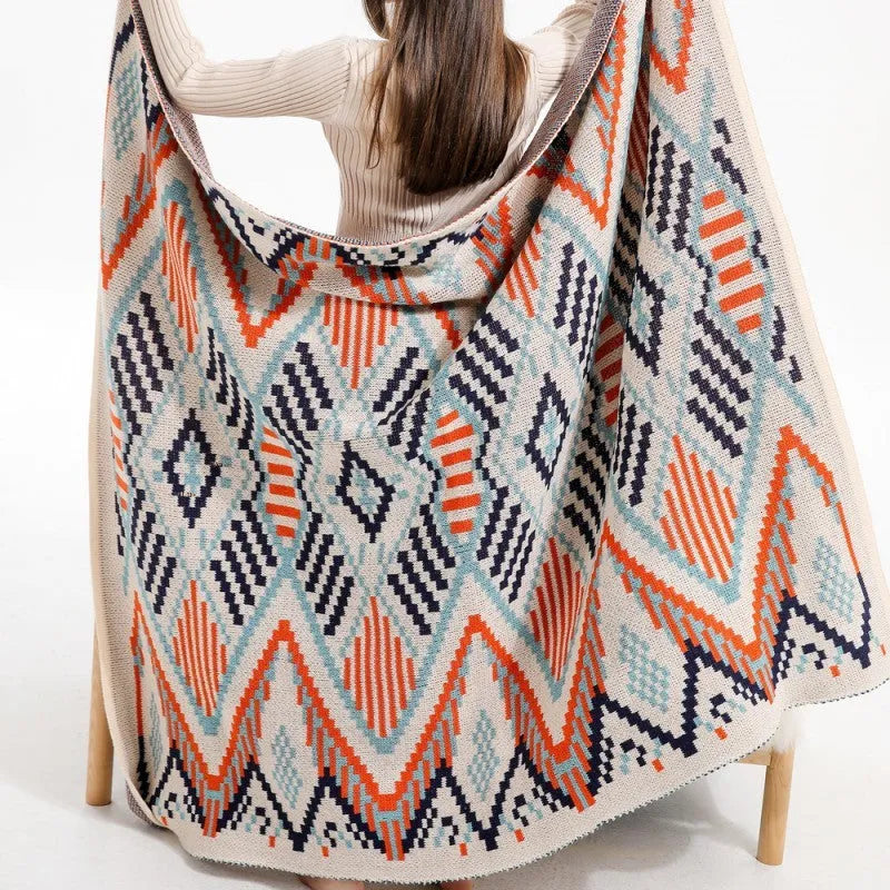 Bohemian-style acrylic sofa blanket with tassel fringe in geometric pattern colour option