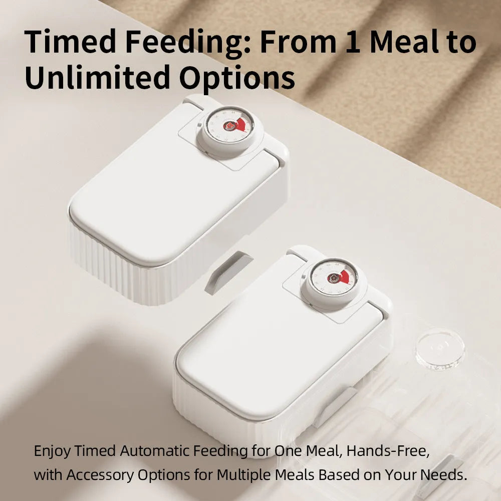 White pet automatic feeder with timer display and removable ice crystal cooling box underneath.