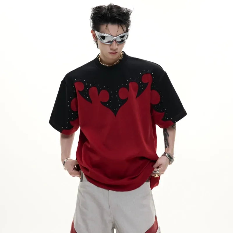 Men's grey cotton short sleeve shirt with burnt flower stitching and rhinestone details on the chest.
