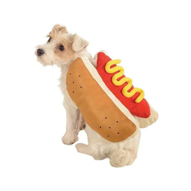 Small dog wearing red hot dog costume with adjustable belly strap