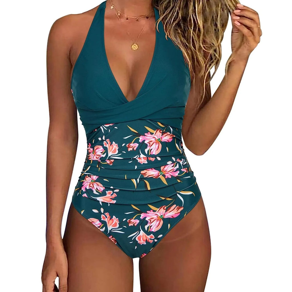 Women's lace-up front bikini swimsuit with gather backless design in floral print