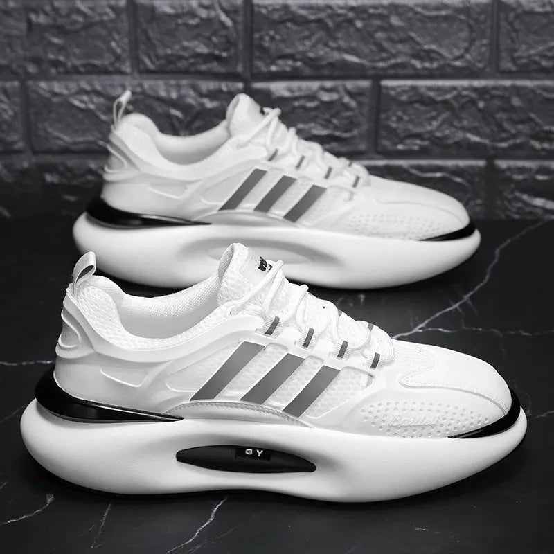 Men's mesh breathable running sneakers in white with green trim, rubber sole, front lacing, round toe