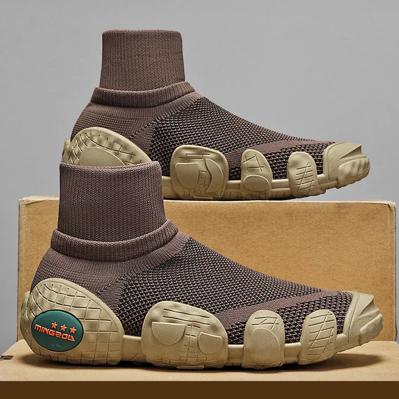 Breathable knitted mesh sneakers for men mid-top flat heel round toe solid colour blocking available in black brown army green sizes 39-46