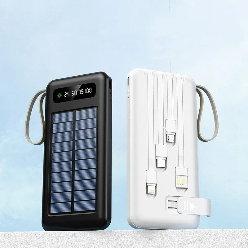 Solar power bank in black or white with polymer lithium-ion cells and solar charging panel