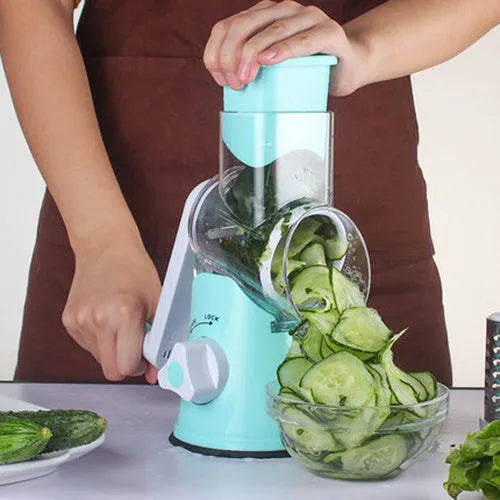 Manual kitchen mandoline slicer with stainless steel blades in blue, green or red colour