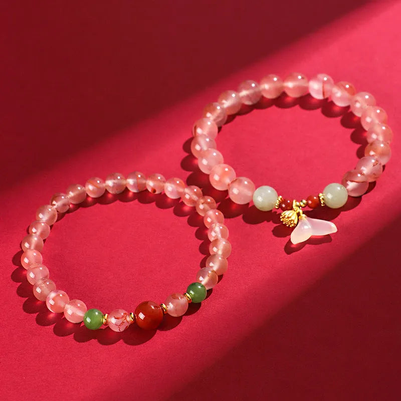 Women's ice floating south red white agate fishtail bracelet with butterfly orchid jade elements
