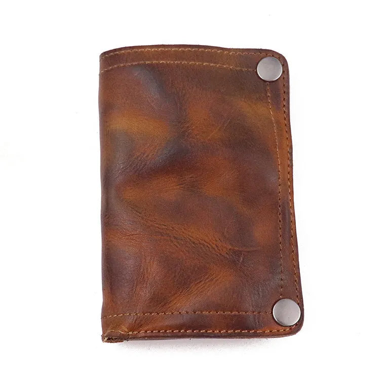 Men's retro brown genuine leather vertical wallet open showing card slots and coin pocket.