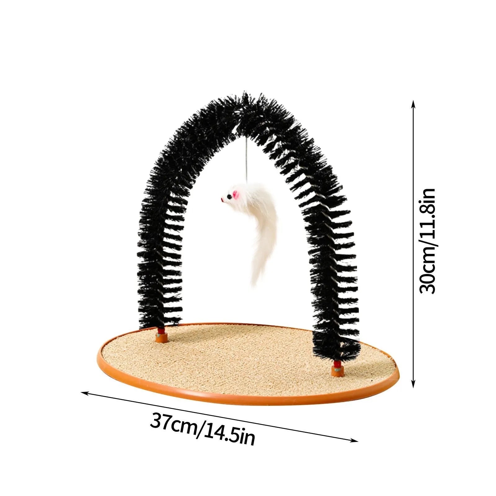 Black arch-shaped cat grooming brush with scratching surfaces and attached plush mouse toy on non-slip base