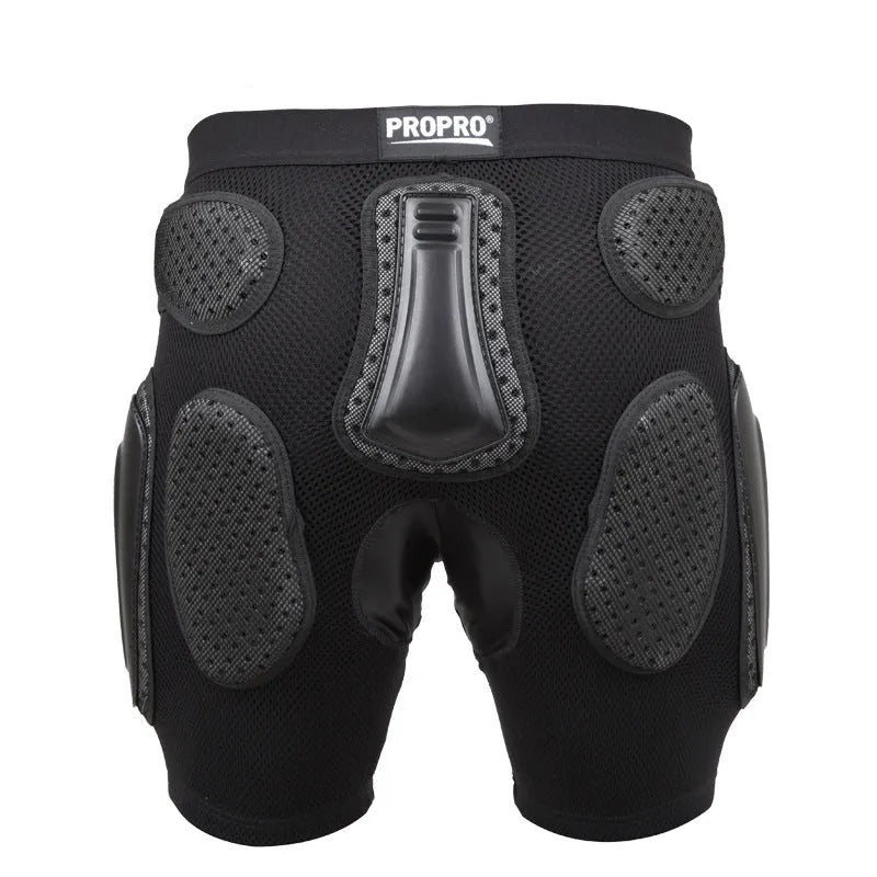 Black cycling hip protection pants shown flat, highlighting the hip pad area and available in sizes S, M, L, XL.