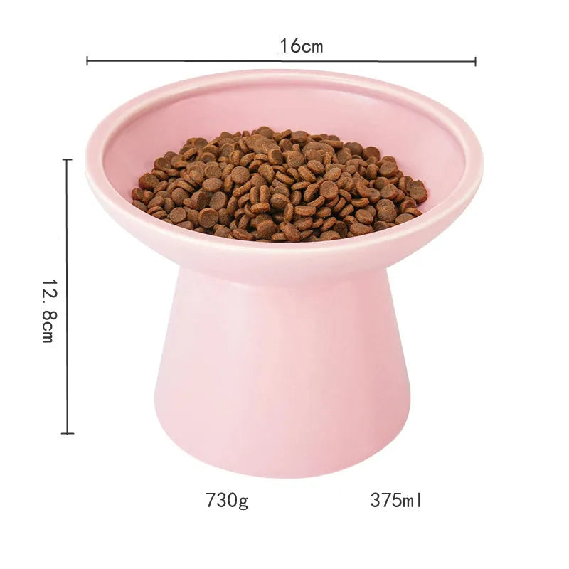 Blue ceramic elevated cat bowl with wide shallow design for food or water