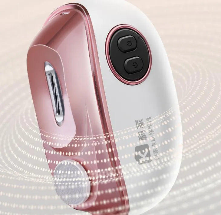 Electric nail clipper and polisher two-in-one device in blue, orange and white colours with Type-C charging cable