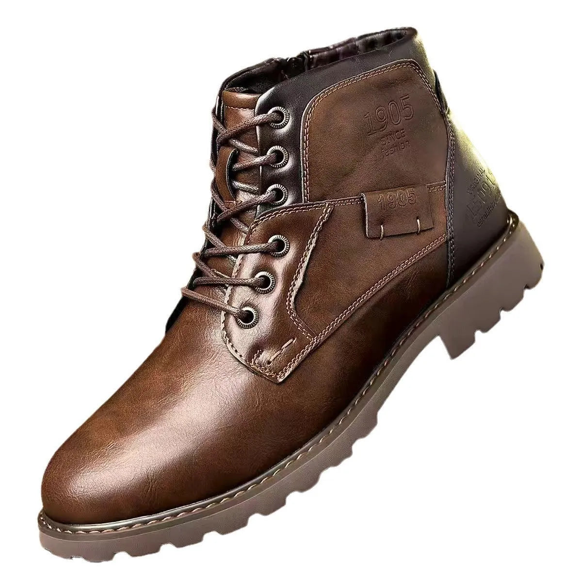 Men's brown and black side-zip Martin ankle boots with round toe and rubber soles