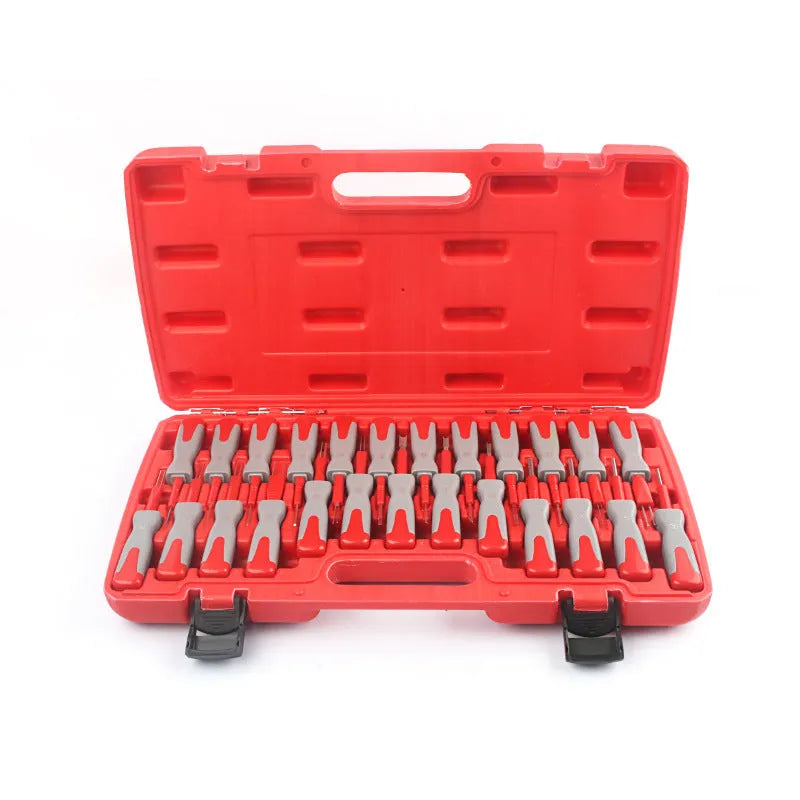 Set of 25 car terminal removal tools and pull-out keys for electrical harness disassembly.