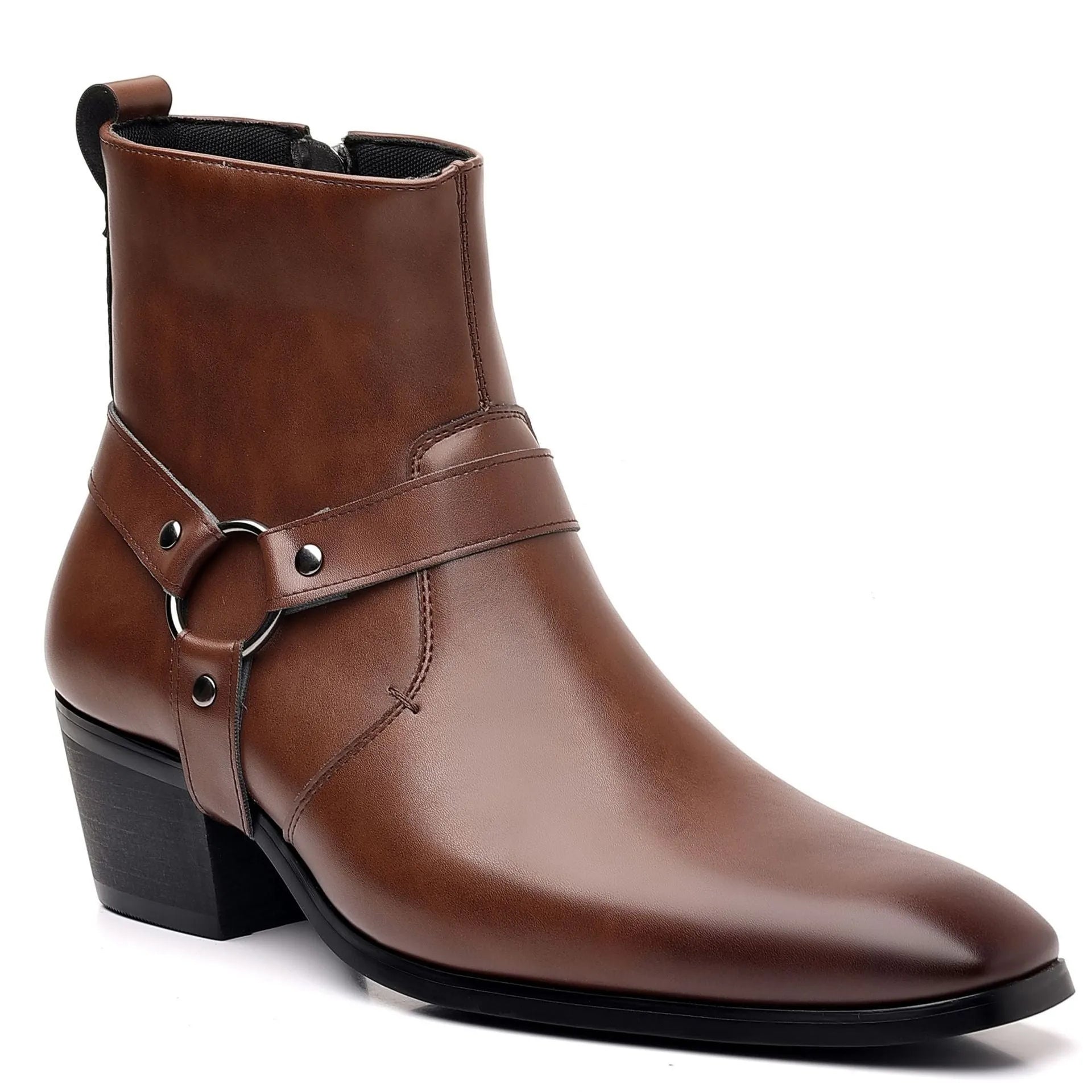 Black unisex mid-calf chain boots with side zipper, rivet details, and a square toe.