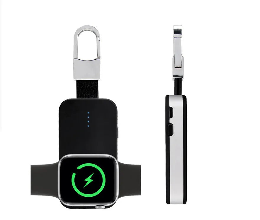 Black portable Apple Watch wireless charger power bank on a keychain.