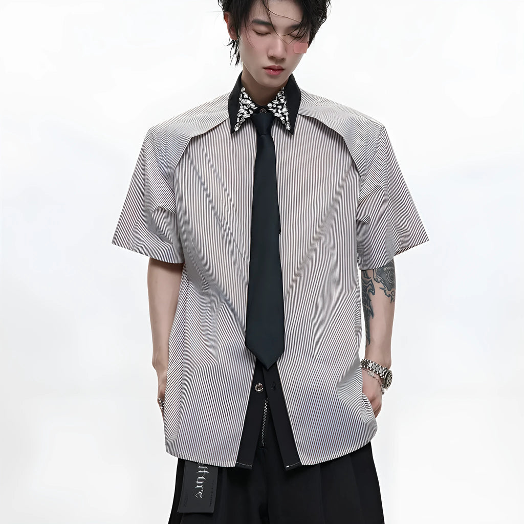 Men's blue and khaki diamond tie dual-colour patchwork striped loose fit shirt with flip collar