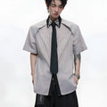 Men's blue and khaki diamond tie dual-colour patchwork striped loose fit shirt with flip collar
