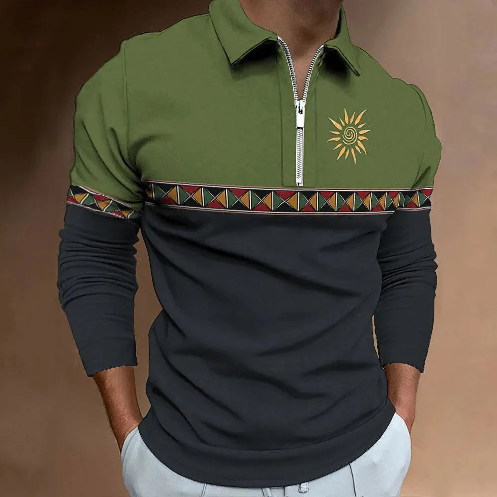 Men's retro colour print casual golf top with zipper decorations and striped pattern on loose-fit long sleeve