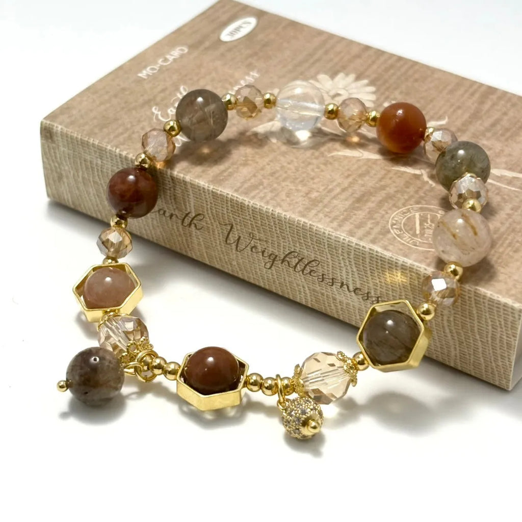 Gold-colour citrine crystal bracelet with 8mm beads and symbolic metal ornaments including Ruyi and Fu characters