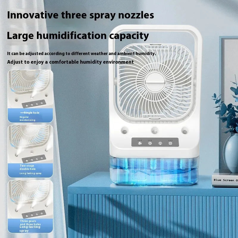 White USB rechargeable portable air cooler fan with adjustable head and water tank.