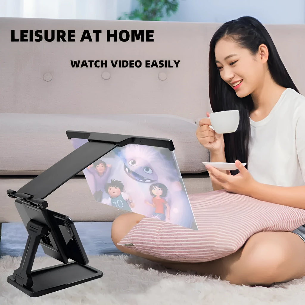 Black 12-inch mobile phone screen amplifier with detachable phone holder in folded position