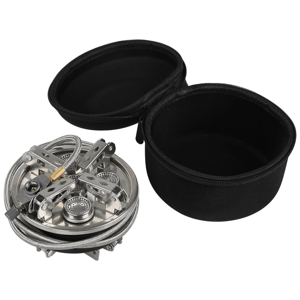 Silver portable split stove with stainless steel construction folded for transport