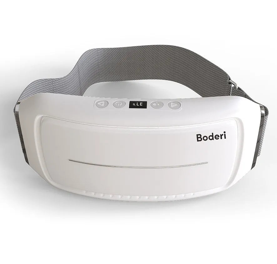 White Tummy Machine electronic ab trainer with adjustable vibrating waist belt on a grey background.