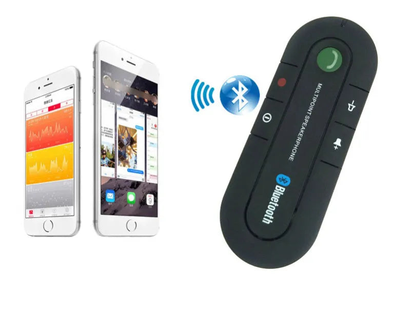 Black vehicle-mounted Bluetooth handsfree device clipped to car sun visor with car charger cable