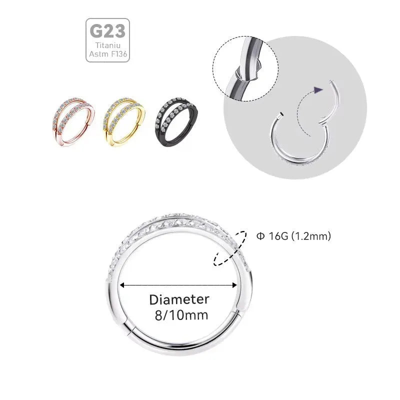 G23 titanium alloy nose ring with diamond finish in gold or steel colour, showing labret post design.